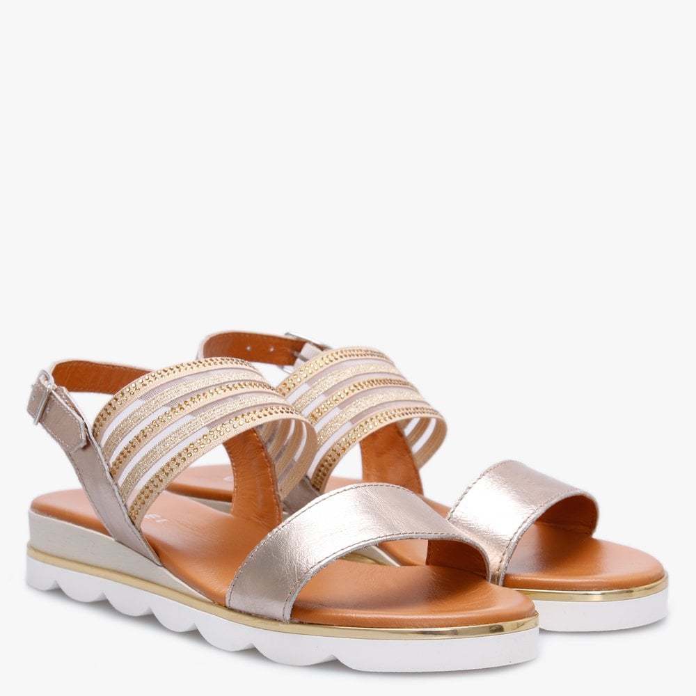Lacey Gold Leather Embellished Two Strap Sandals