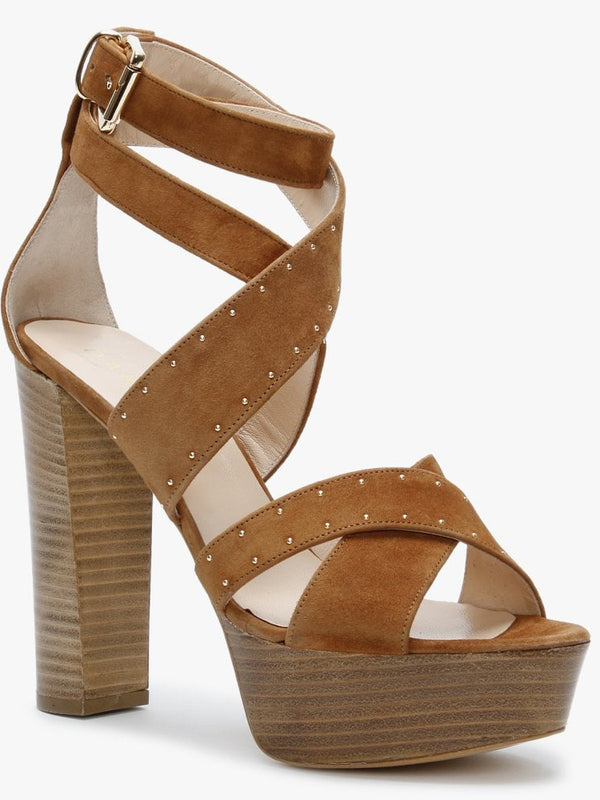 Adia Tan Suede Studded Platform Heeled Sandals