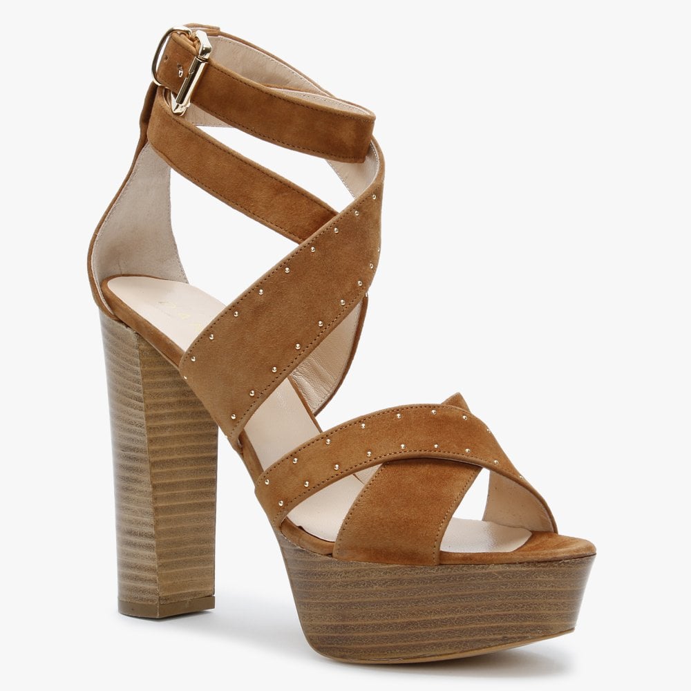 Adia Tan Suede Studded Platform Heeled Sandals