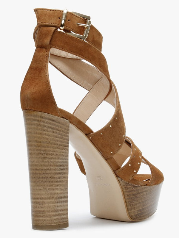 Adia Tan Suede Studded Platform Heeled Sandals