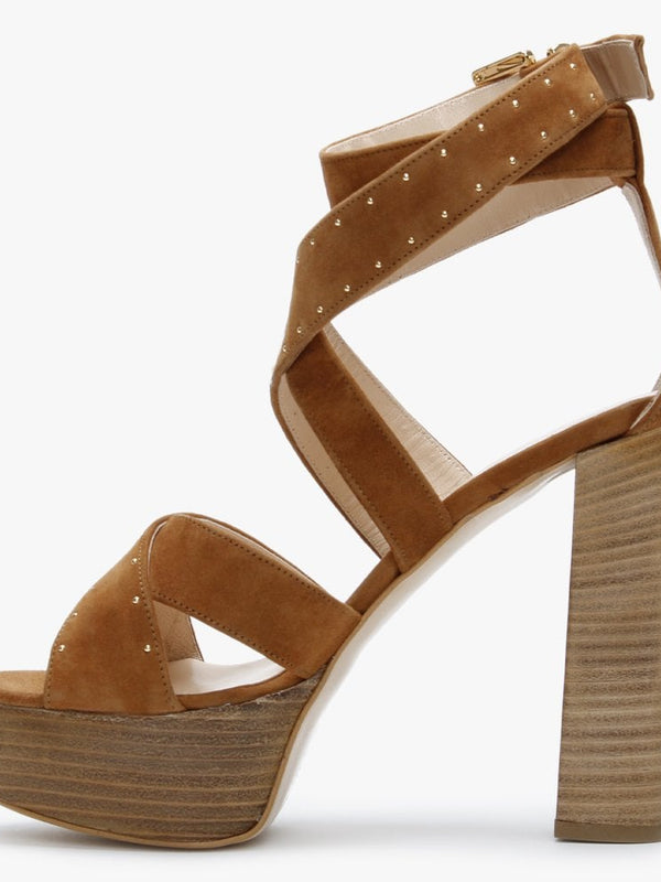Adia Tan Suede Studded Platform Heeled Sandals