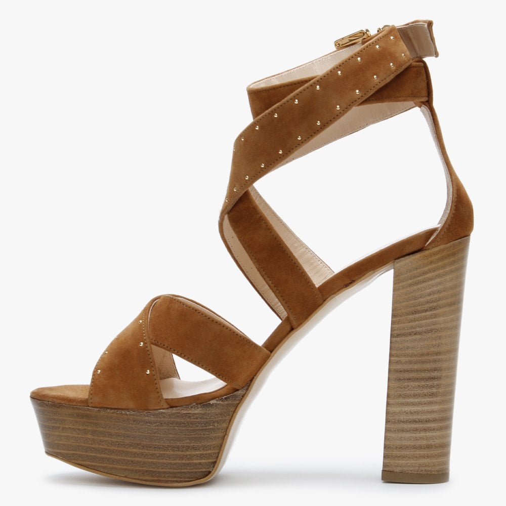 Adia Tan Suede Studded Platform Heeled Sandals