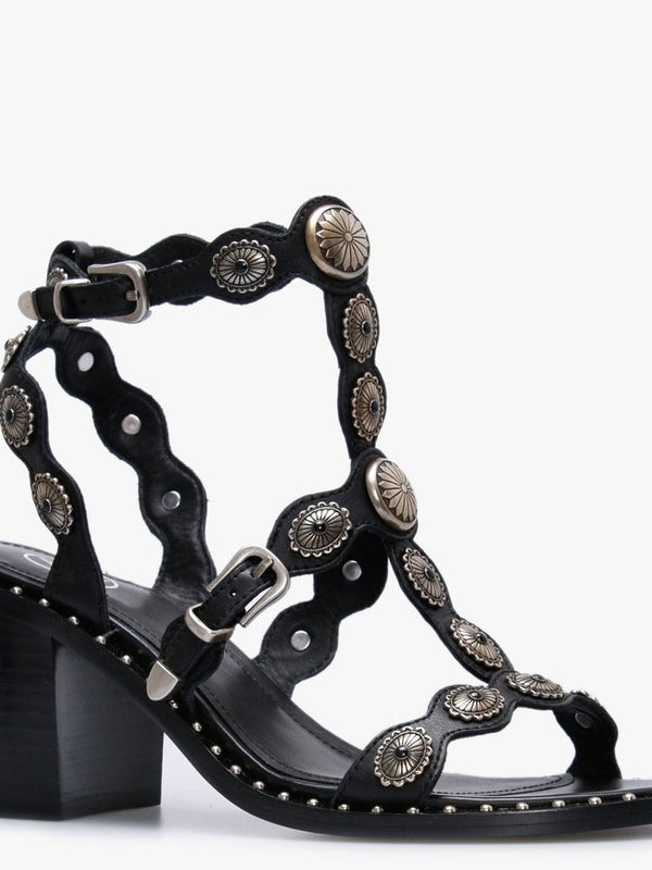 Navajo Black Leather Embellished Block Heel Sandals
