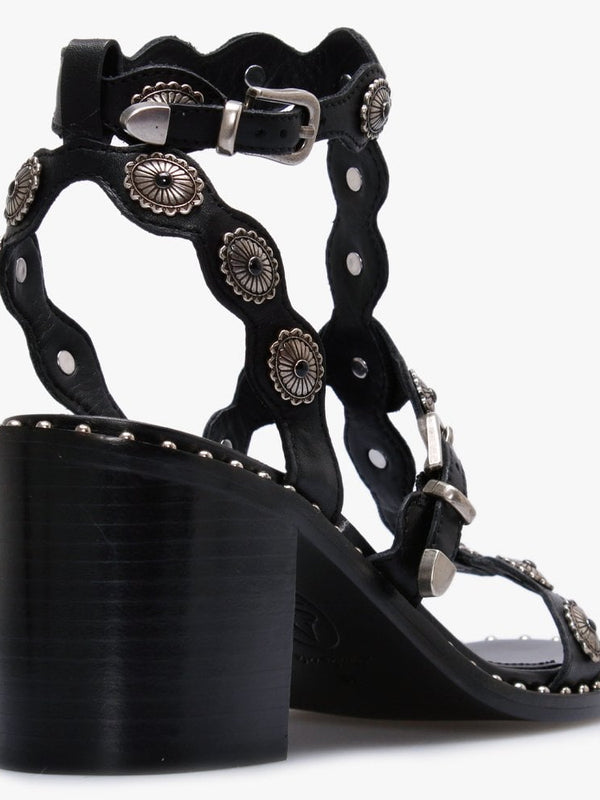Navajo Black Leather Embellished Block Heel Sandals