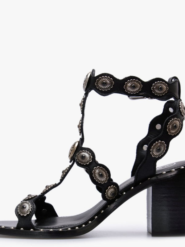 Navajo Black Leather Embellished Block Heel Sandals