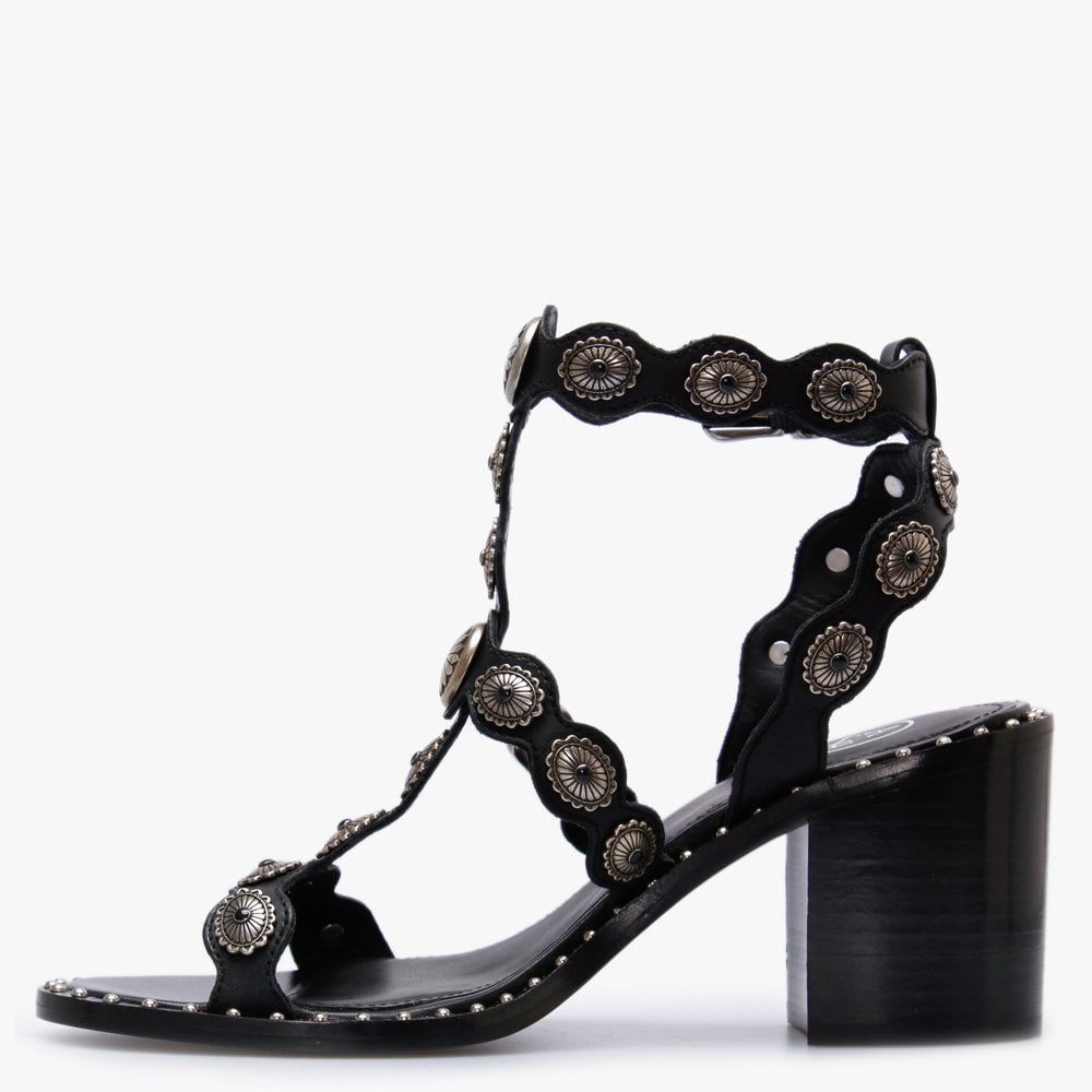 Navajo Black Leather Embellished Block Heel Sandals