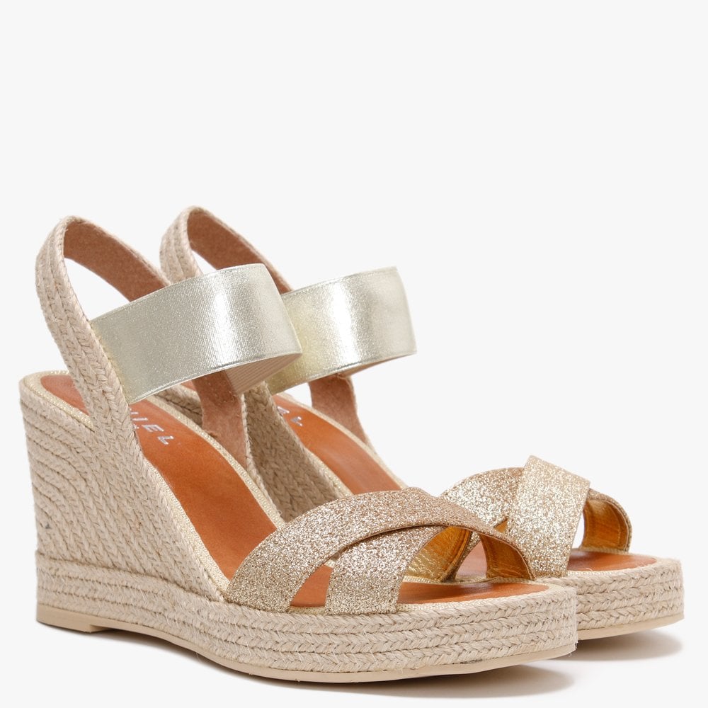 Carly Gold Metallic Cross Strap Wedge Espadrilles