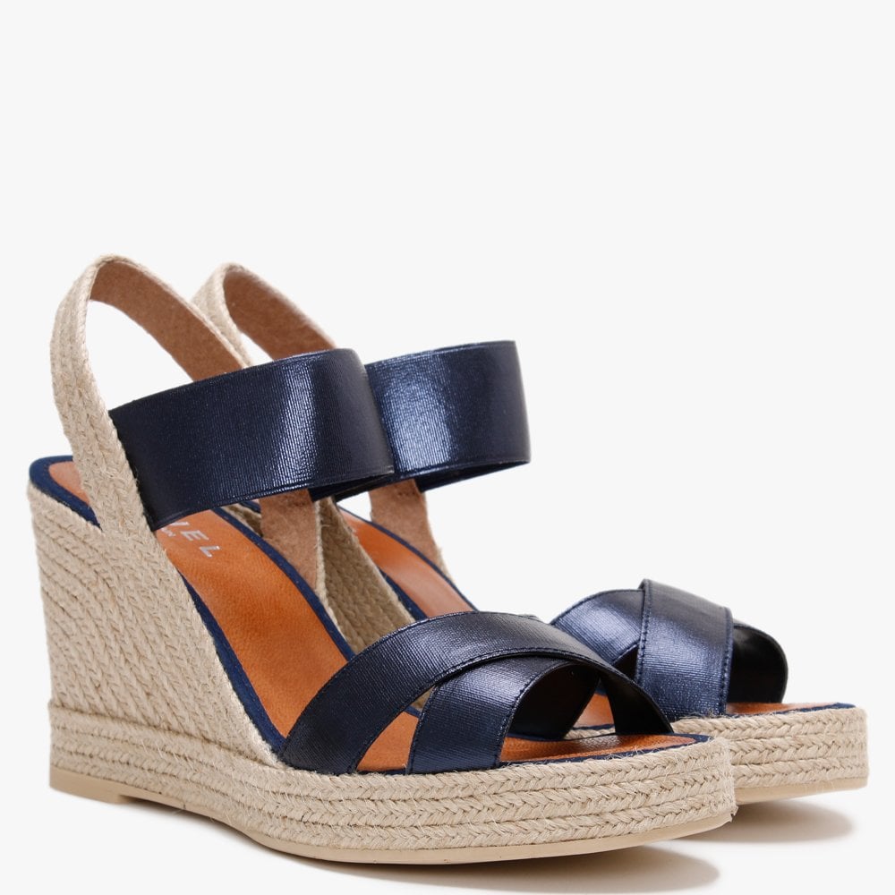Carly Blue Metallic Cross Strap Wedge Espadrilles