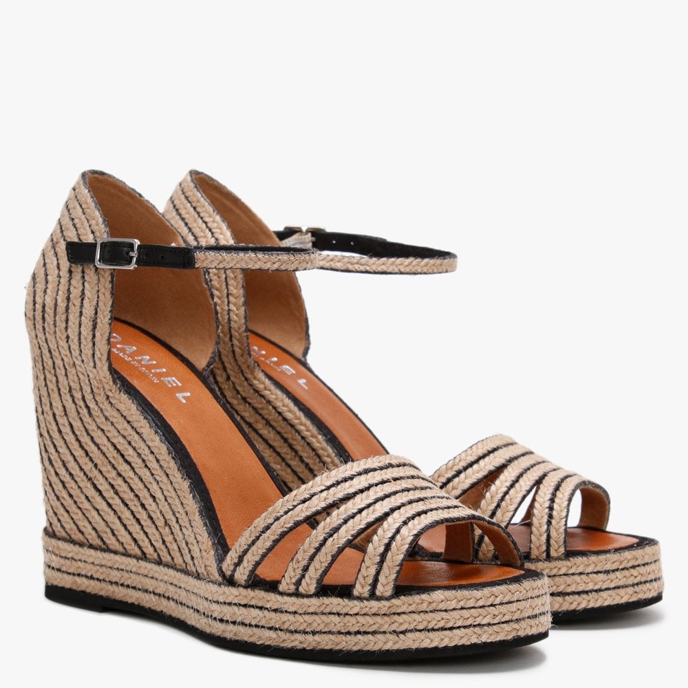 Callie Black & Beige Jute Trim Wedge Sandals