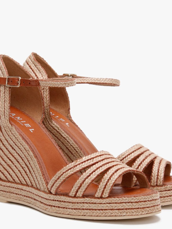 Callie Tan & Beige Jute Trim Wedge Sandals