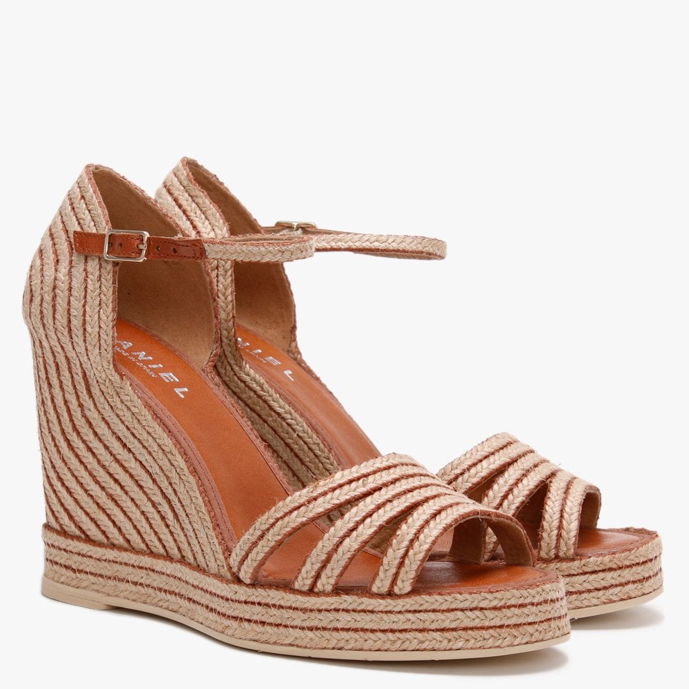 Callie Tan & Beige Jute Trim Wedge Sandals