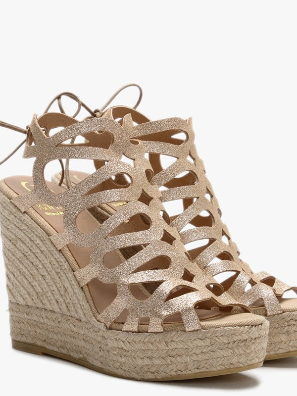 Berti Gold Metallic Leather Caged Wedge Espadrilles