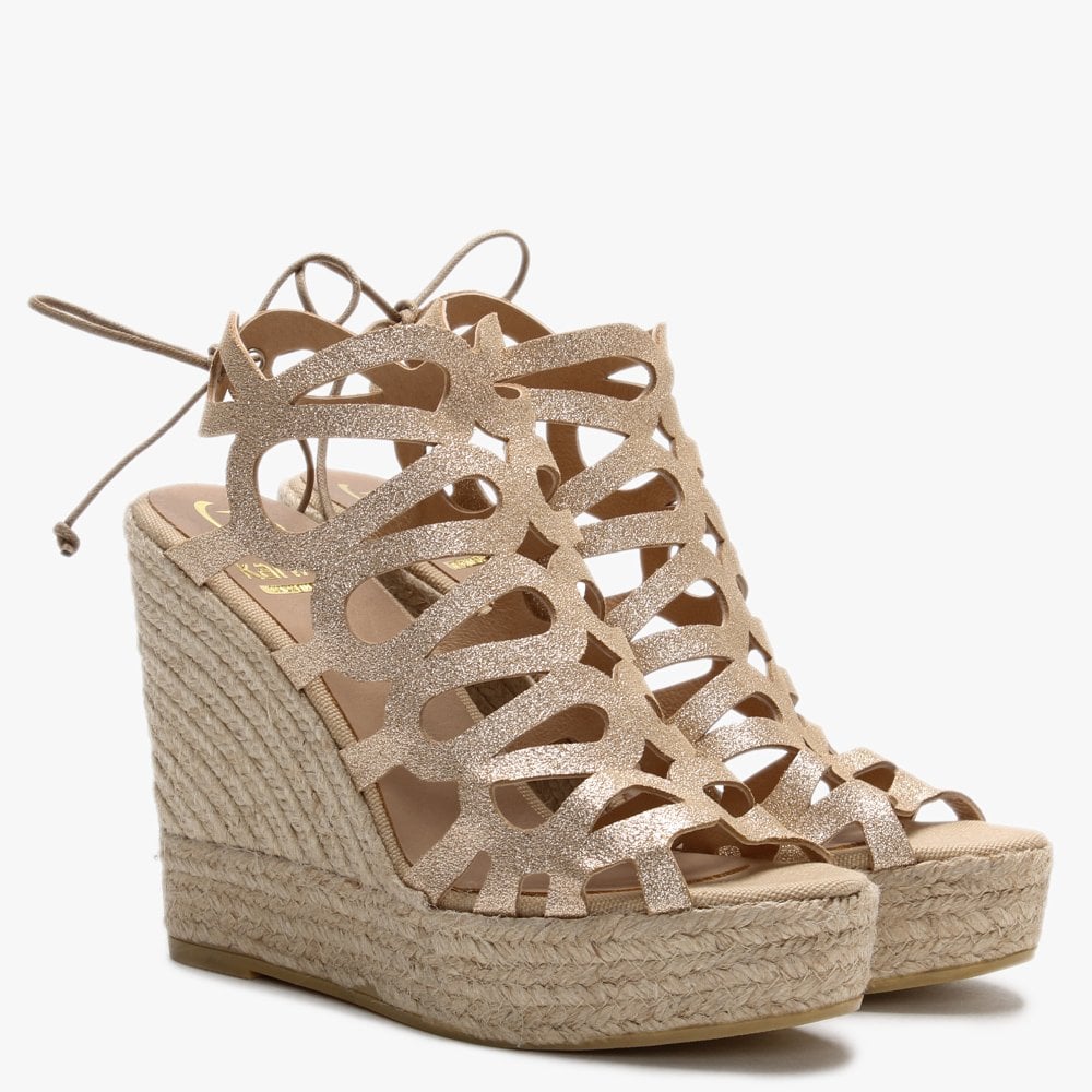 Berti Gold Metallic Leather Caged Wedge Espadrilles