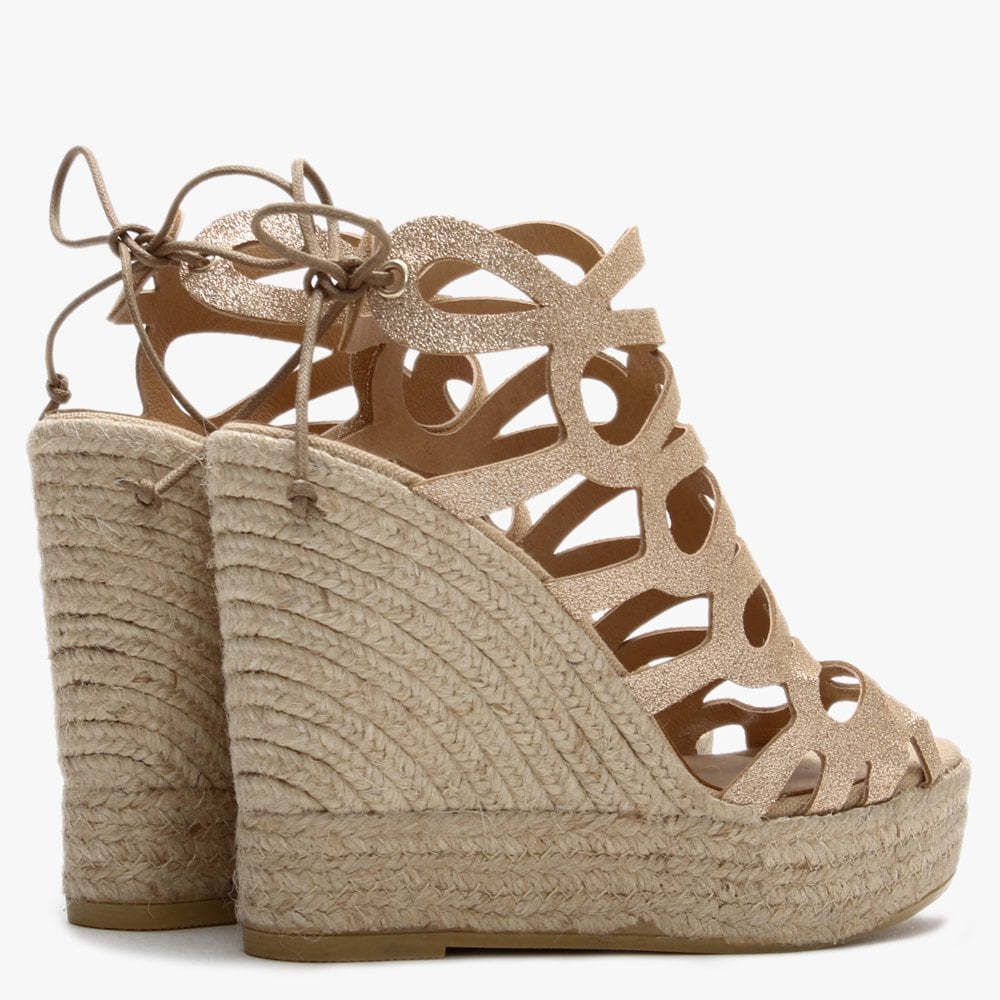 Berti Gold Metallic Leather Caged Wedge Espadrilles