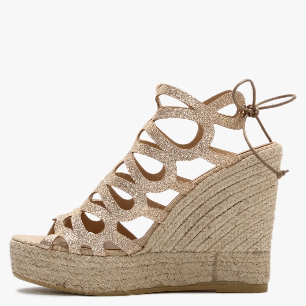 Berti Gold Metallic Leather Caged Wedge Espadrilles