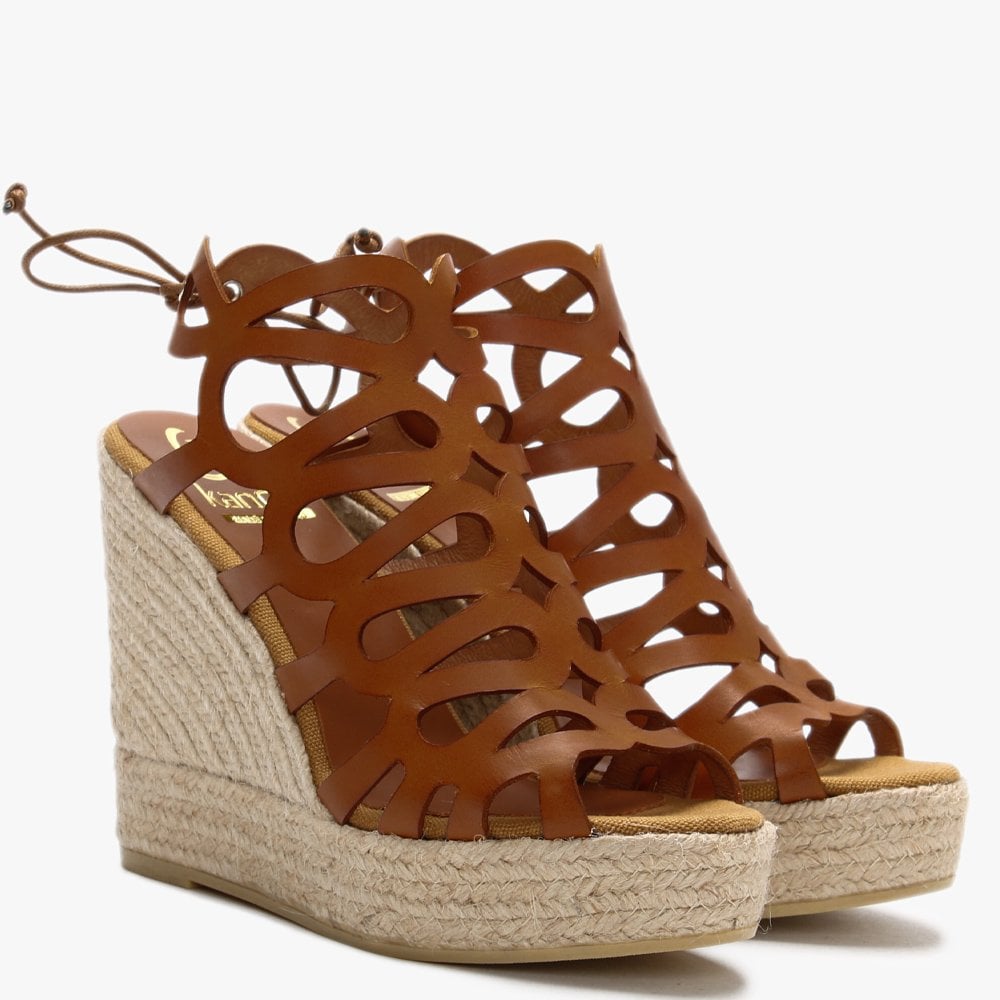 Berti Tan Leather Caged Wedge Espadrilles