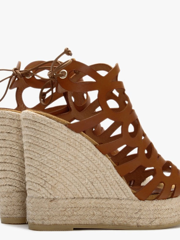 Berti Tan Leather Caged Wedge Espadrilles