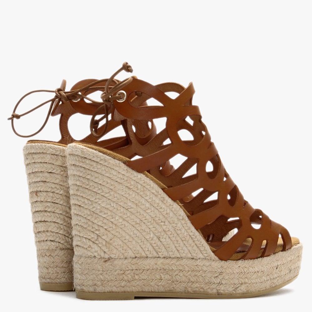 Berti Tan Leather Caged Wedge Espadrilles