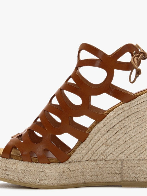 Berti Tan Leather Caged Wedge Espadrilles