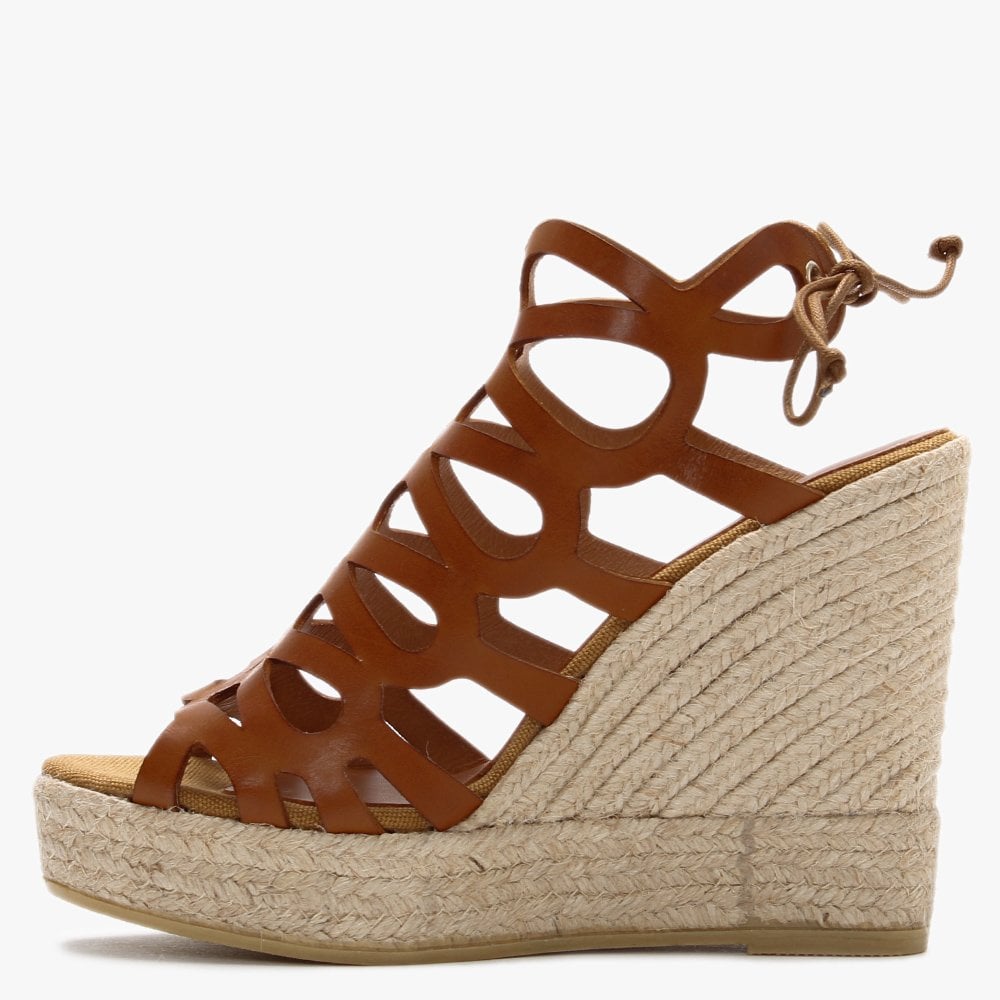 Berti Tan Leather Caged Wedge Espadrilles