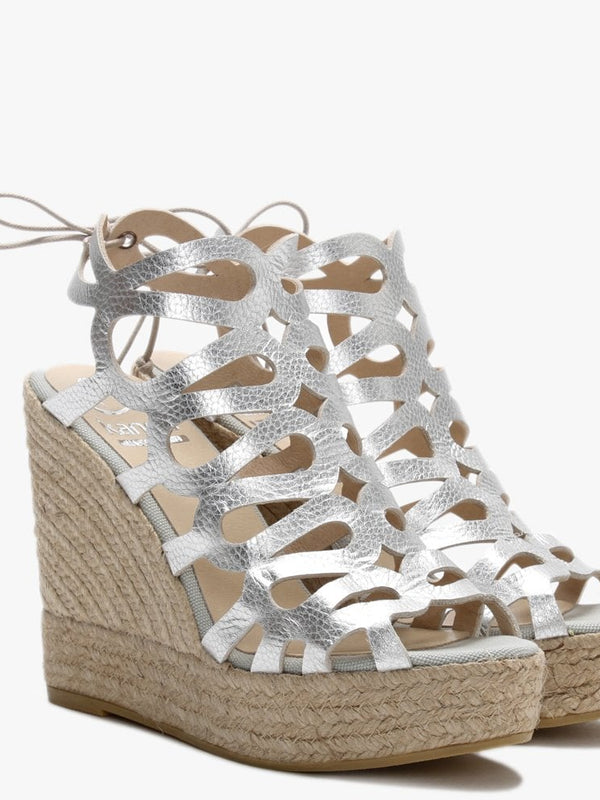 Berti Silver Leather Caged Wedge Espadrilles