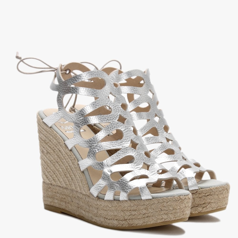 Berti Silver Leather Caged Wedge Espadrilles
