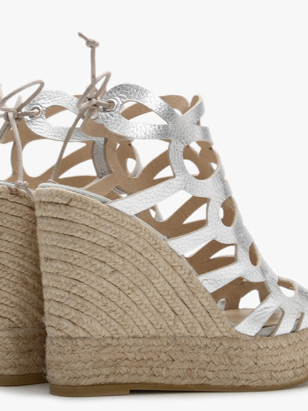 Berti Silver Leather Caged Wedge Espadrilles