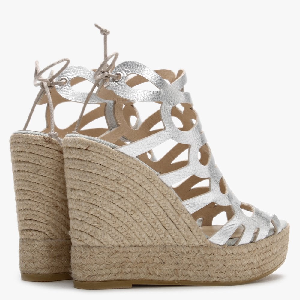 Berti Silver Leather Caged Wedge Espadrilles