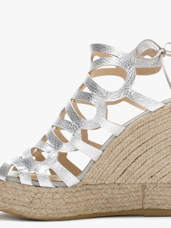 Berti Silver Leather Caged Wedge Espadrilles