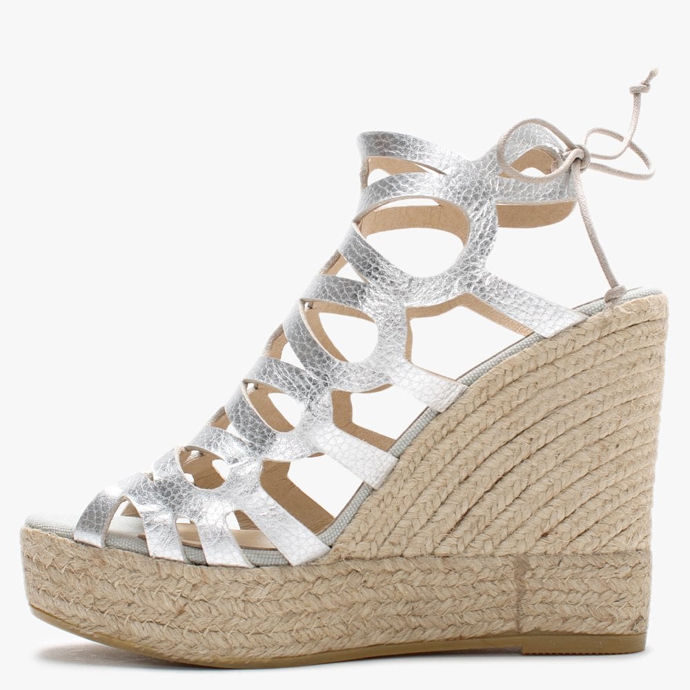 Berti Silver Leather Caged Wedge Espadrilles