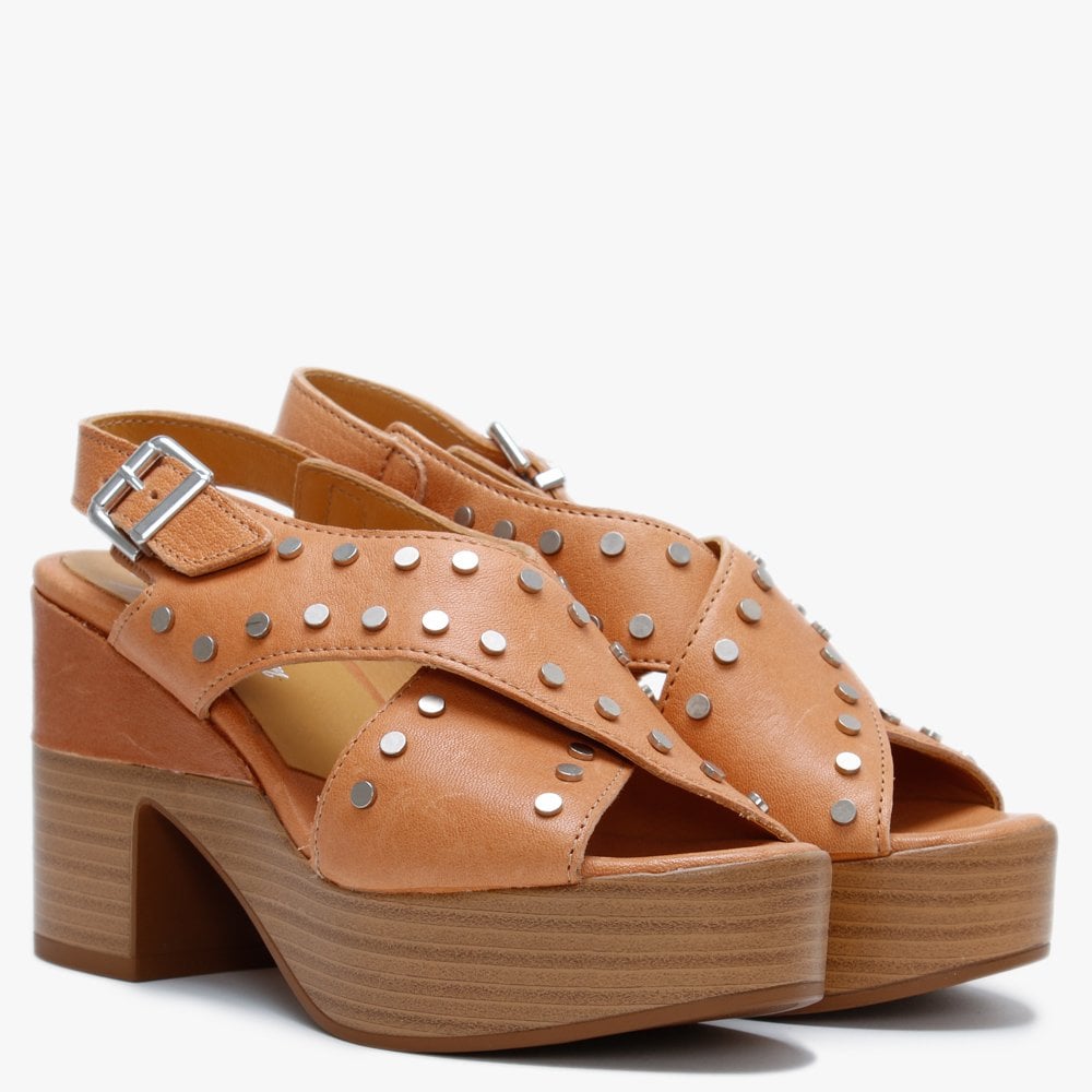 Vigo Tan Leather Studded Platform Sandals