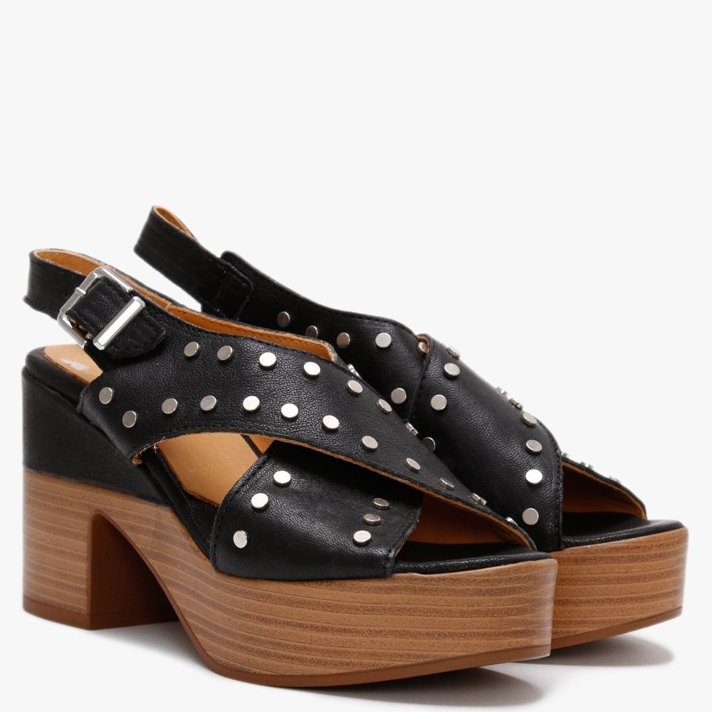 Vigo Black Leather Studded Platform Sandals