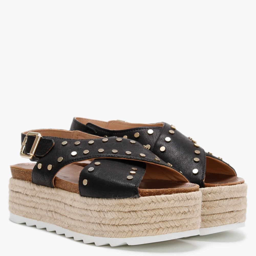 Motril Black Leather Studded Espadrille Sandals