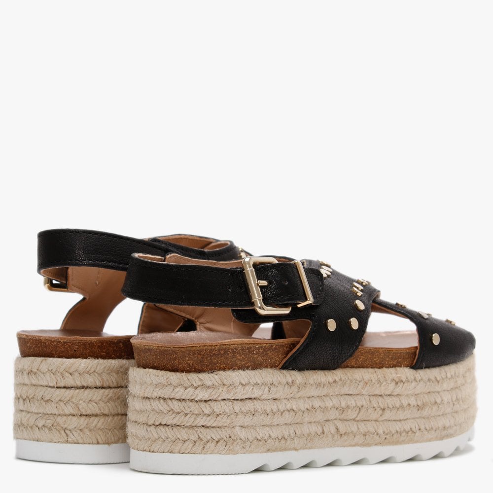 Motril Black Leather Studded Espadrille Sandals