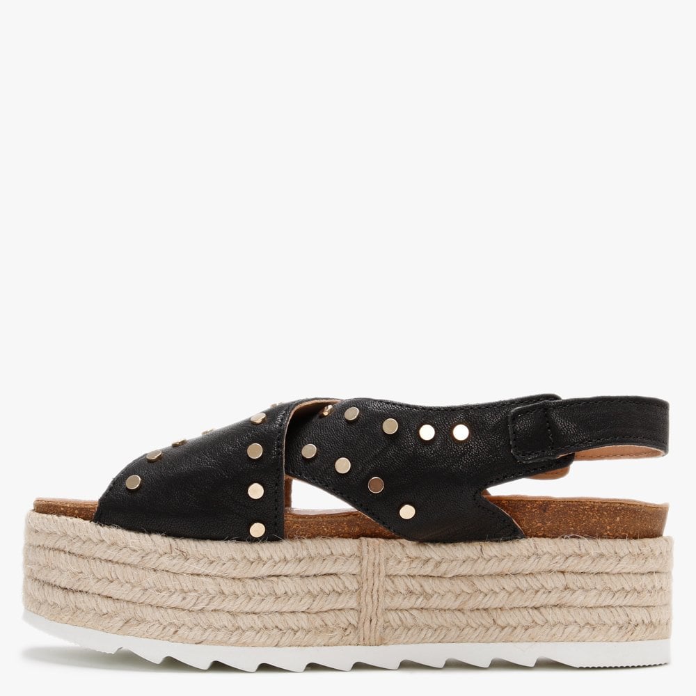 Motril Black Leather Studded Espadrille Sandals