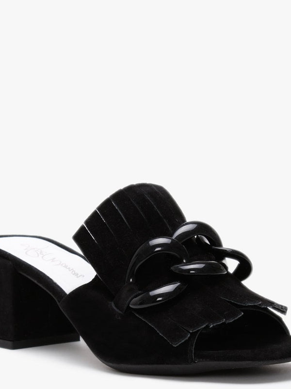 Pamplona Black Suede Fringed Block Heel Mules