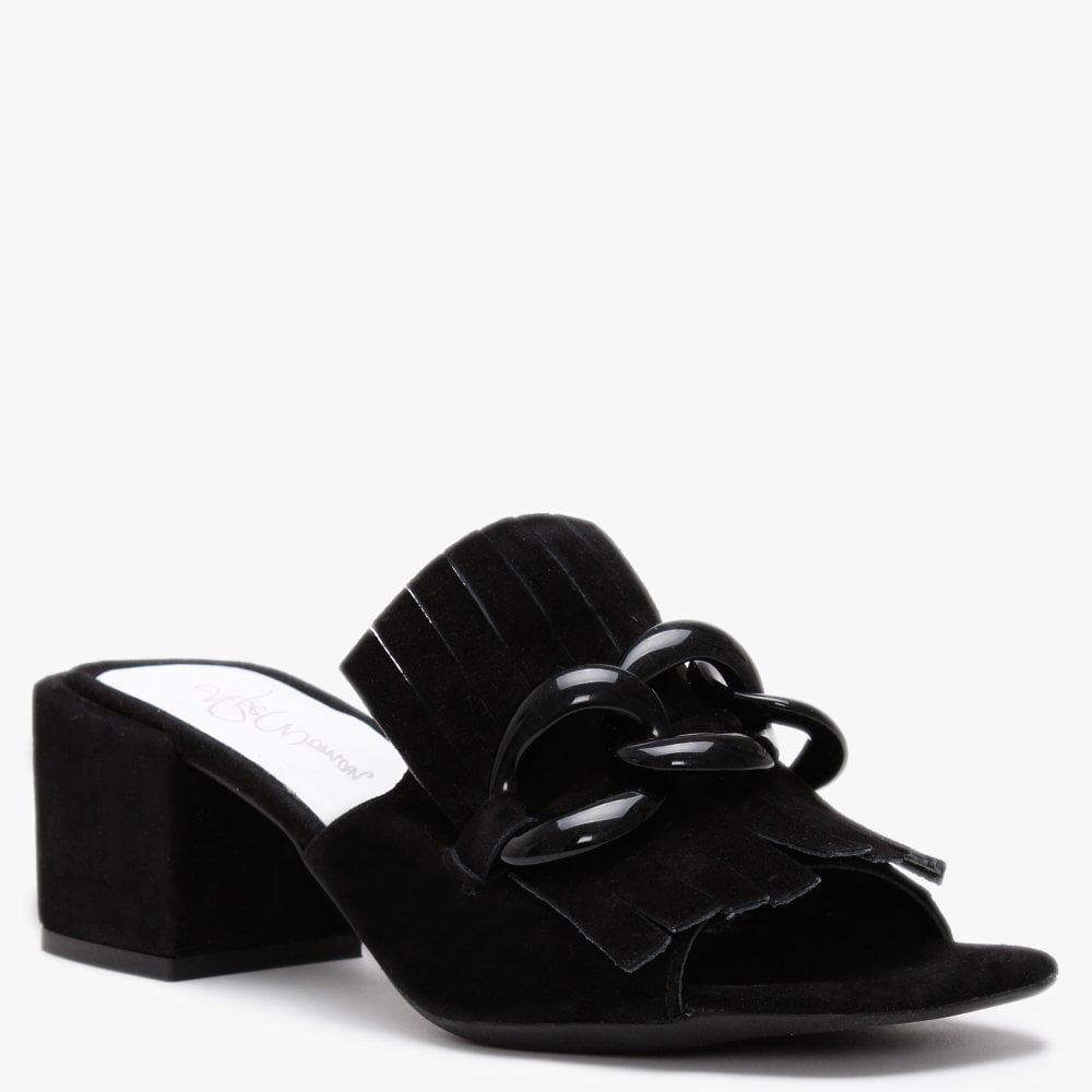 Pamplona Black Suede Fringed Block Heel Mules