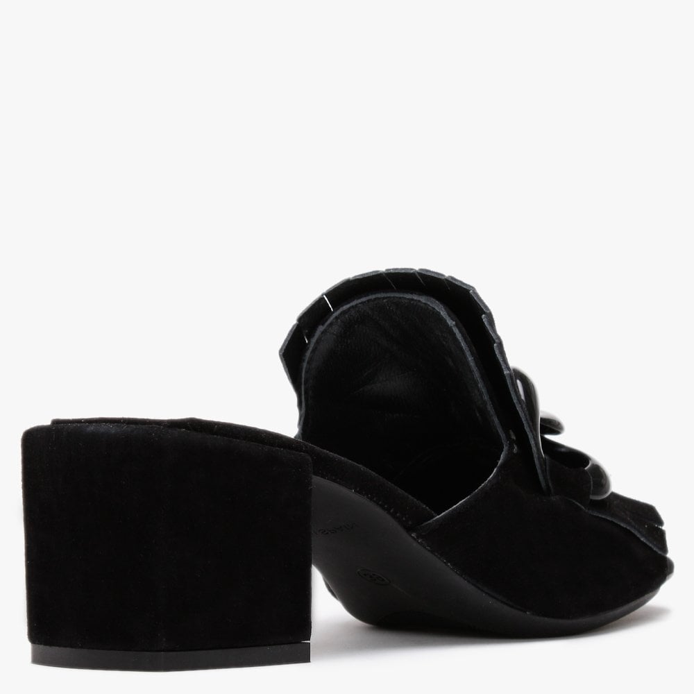 Pamplona Black Suede Fringed Block Heel Mules