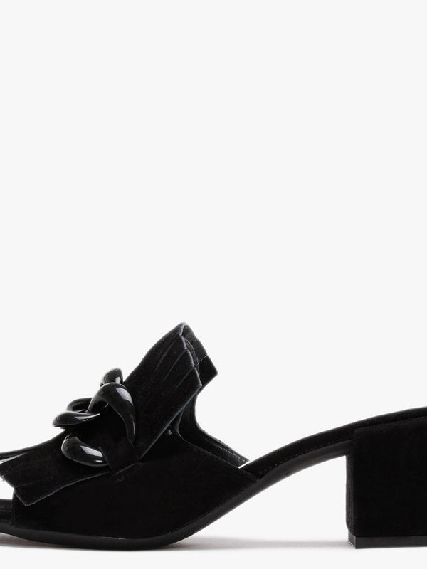 Pamplona Black Suede Fringed Block Heel Mules