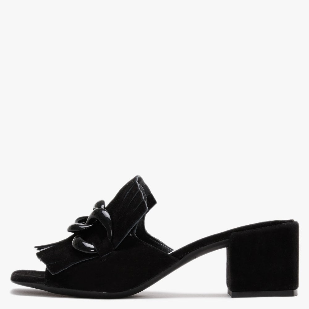 Pamplona Black Suede Fringed Block Heel Mules