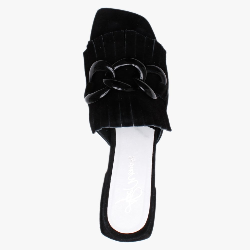 Pamplona Black Suede Fringed Block Heel Mules