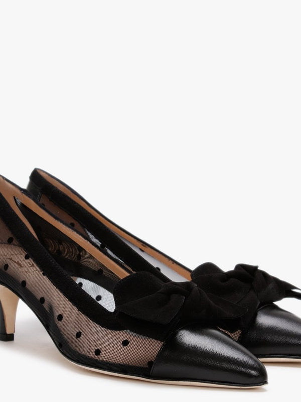 Chhet Black Leather Polka Dot Mesh Court Shoes