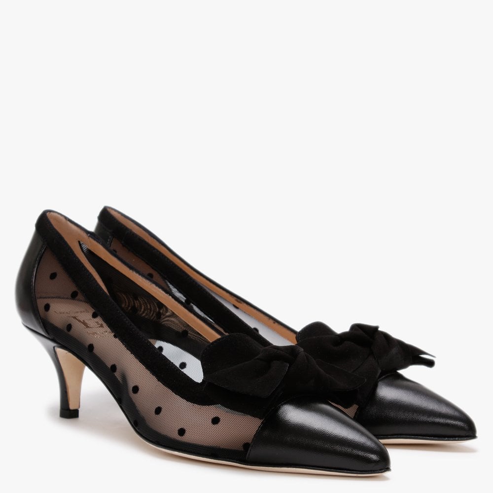 Chhet Black Leather Polka Dot Mesh Court Shoes