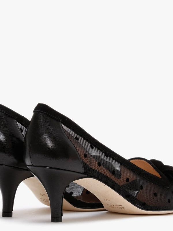 Chhet Black Leather Polka Dot Mesh Court Shoes