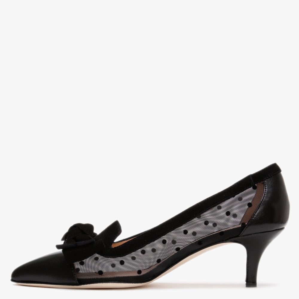 Chhet Black Leather Polka Dot Mesh Court Shoes