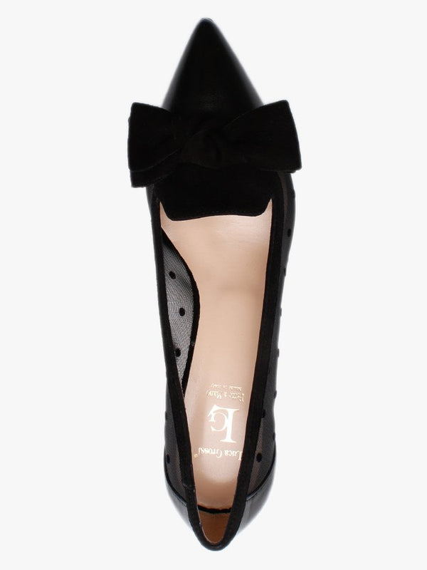 Chhet Black Leather Polka Dot Mesh Court Shoes