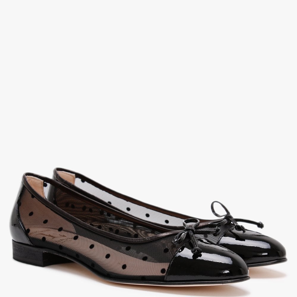 Hadley Black Patent Leather Polka Dot Mesh Ballet Pumps