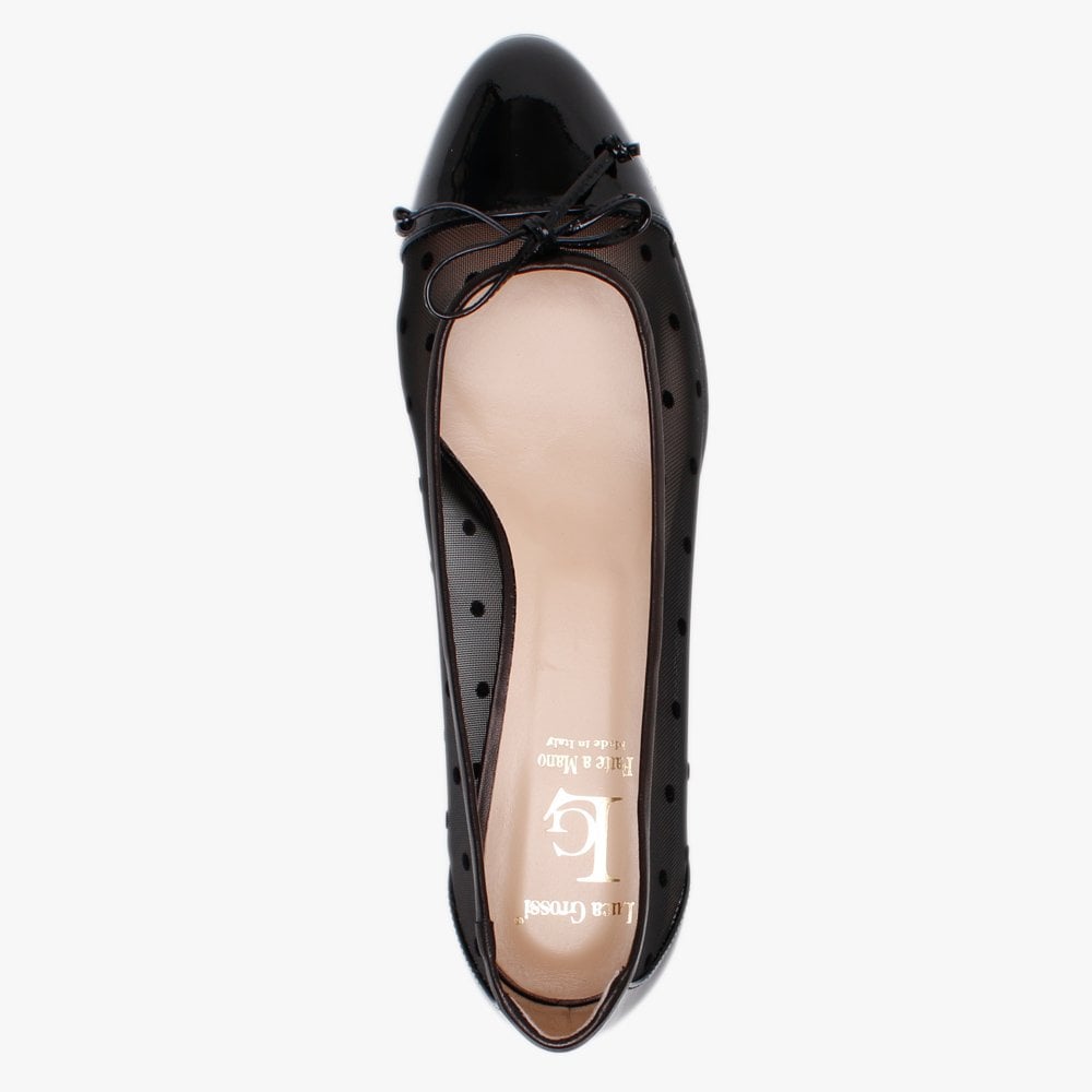 Hadley Black Patent Leather Polka Dot Mesh Ballet Pumps