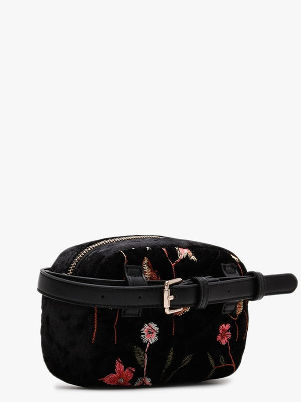 Carillon Black Velvet Quilted Embroidered Belt Bag
