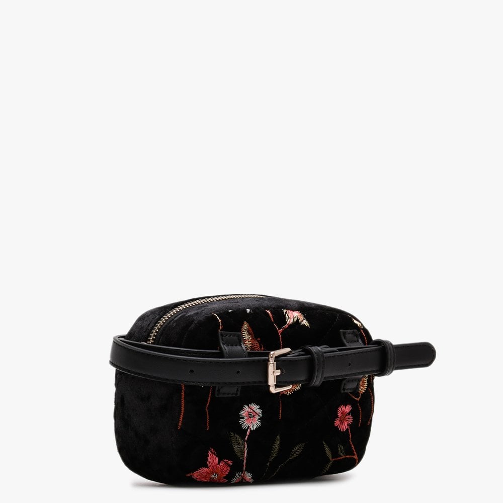 Carillon Black Velvet Quilted Embroidered Belt Bag